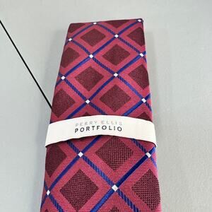 Perry‎ Ellis Portfolio Mens Necktie Hendry Grid Maroon Office Professional New